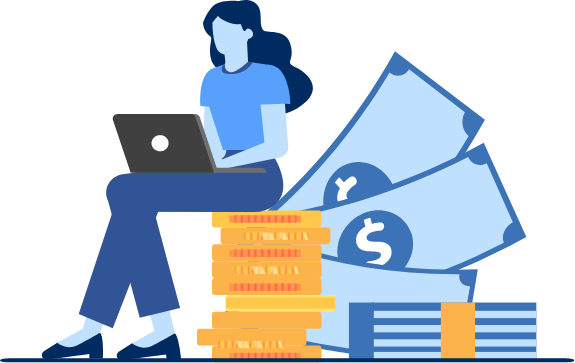 woman on laptop sitting on pile of coins and cash